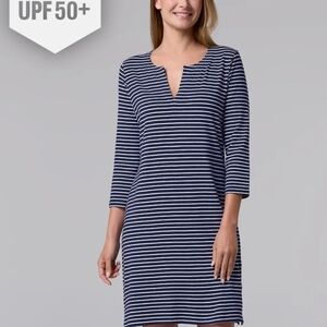 Coolibar Black and White Striped Long Sleeve V-Notch Dress SZ S